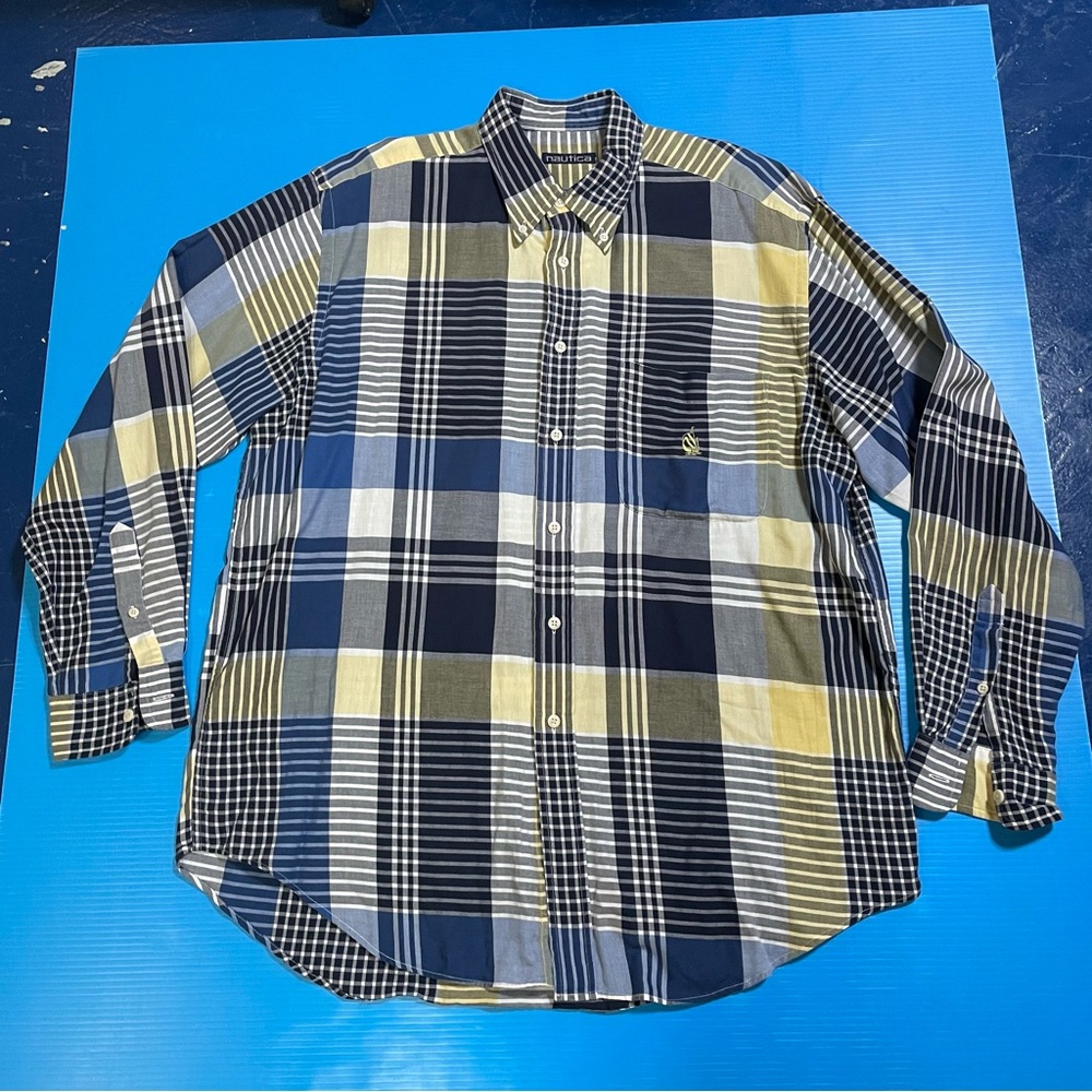 Nautica Men's Casual Plaid Shirt in Blue and Yellow
